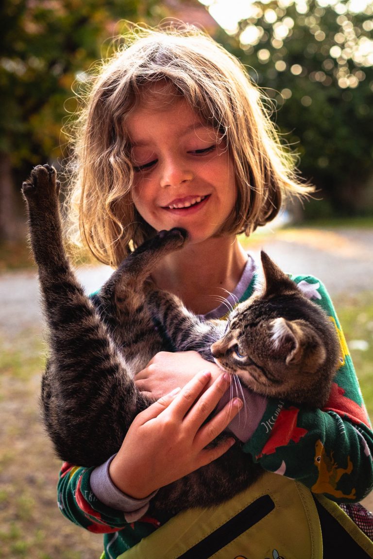 Ferienhof Fotografie: Glückliche Kindsheitsmomente mit einer Katze auf dem Arm